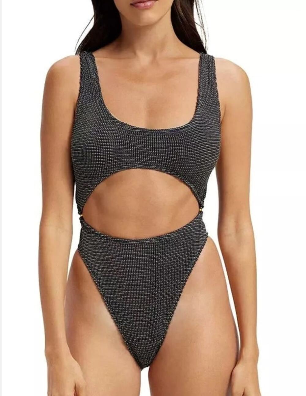 Good American Always Fits Sculpt Cut Out Black Gold Metallic One Piece Swim NWT